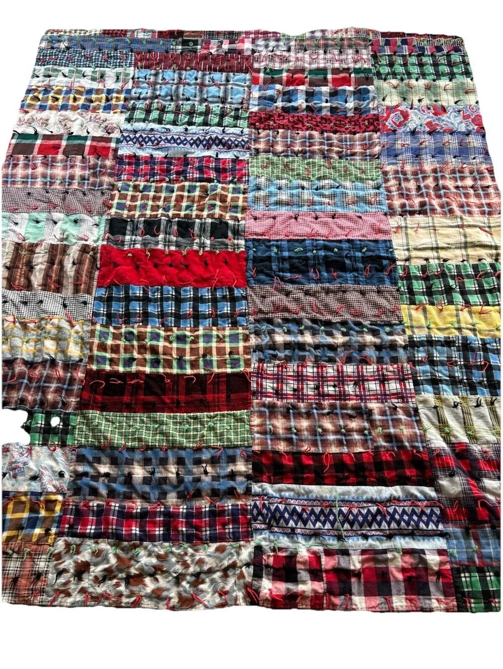 Vintage Hand Tied Scrap Patchwork Quilt 80x60 Feedsack Plaid Folk Art Reversible